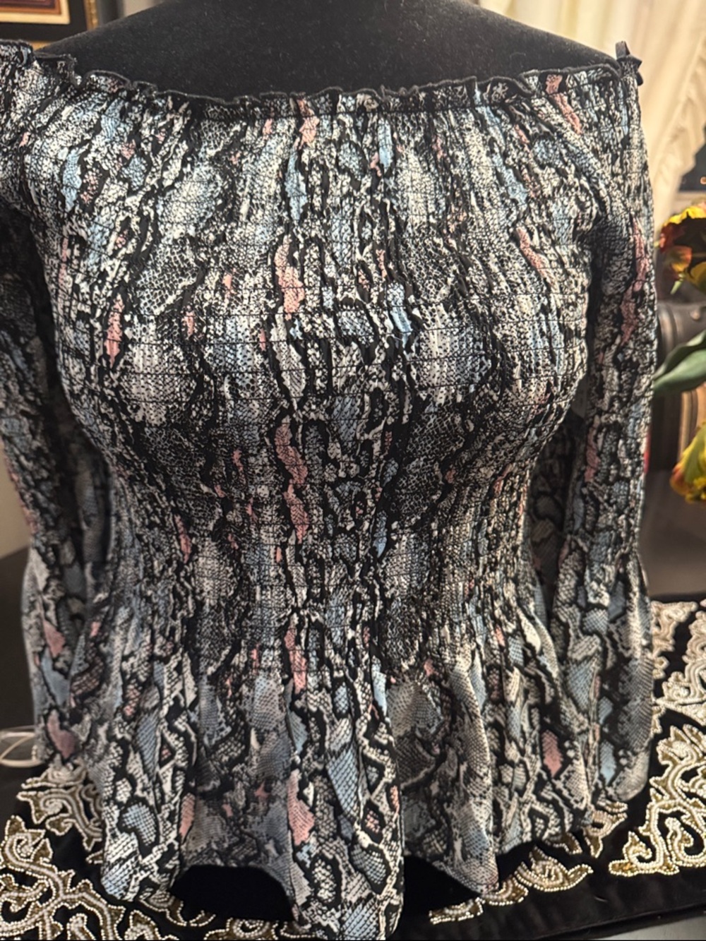 Candie's Black Smocked Off-Shoulder Peplum Top with Pink and Blue Accents